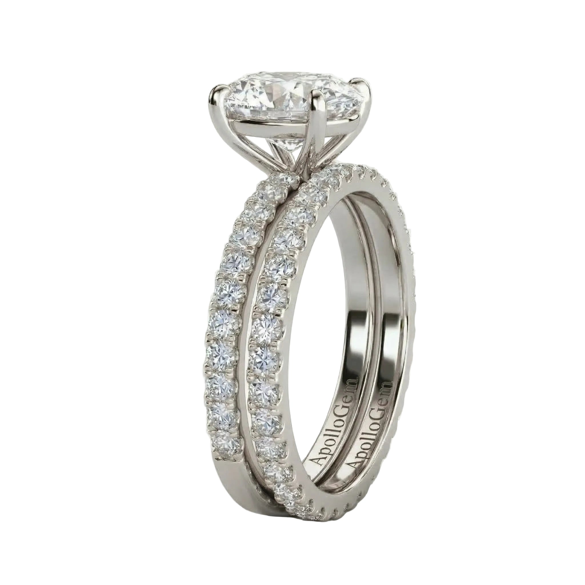 Top-down view of a D-color VVS1 oval moissanite set with matching full circle lab grown diamond-style band.
