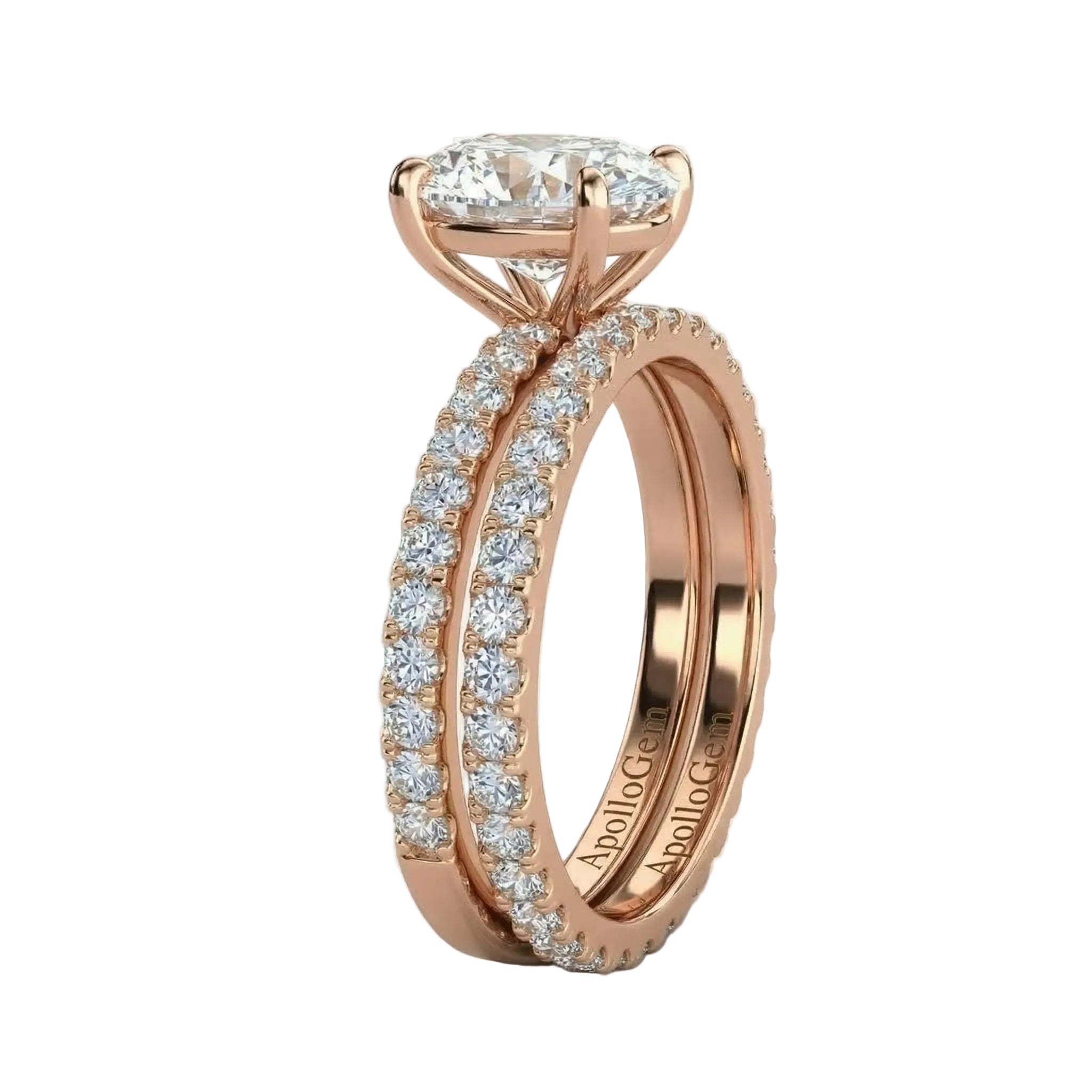 Top-down view of a D-color VVS1 oval moissanite set with matching full circle lab grown diamond-style band.