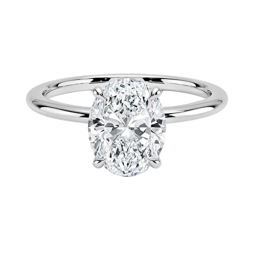 Oval-cut moissanite solitaire engagement ring with a timeless straight band, handcrafted by ApolloGem