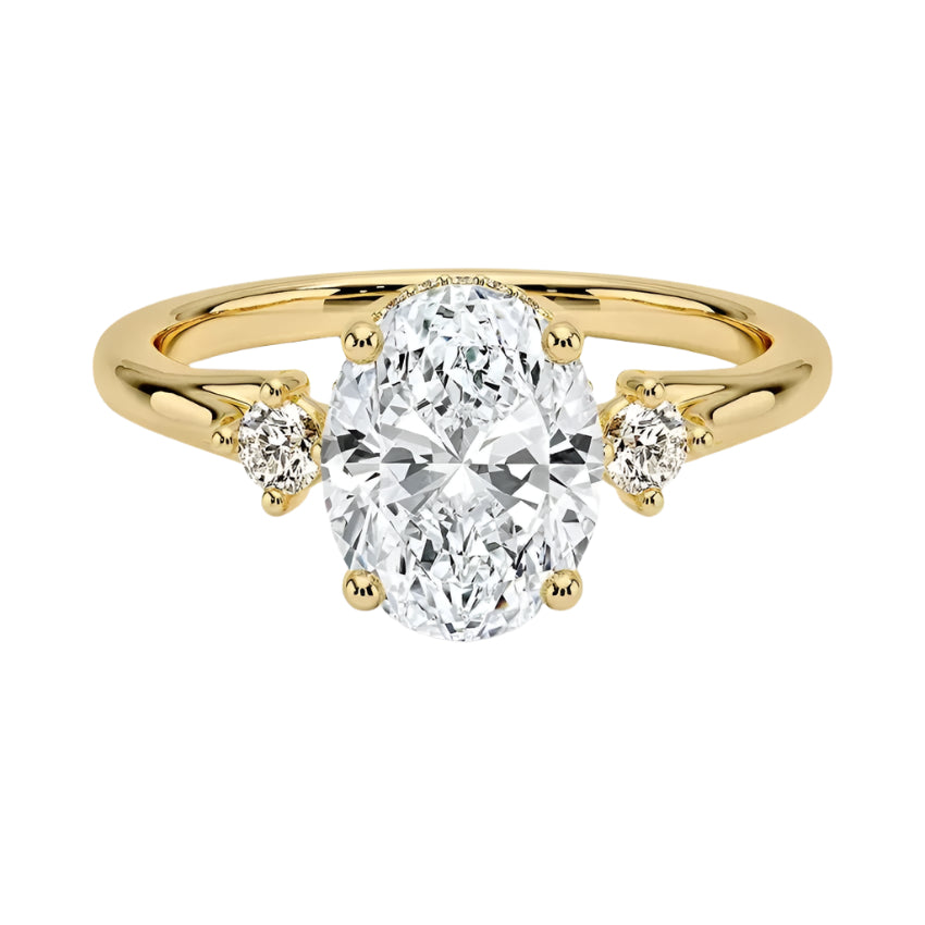 Luxury oval cut moissanite engagement ring in solid 18k yellow gold featuring a classic three-stone design with round brilliant accents ApolloGem South Africa