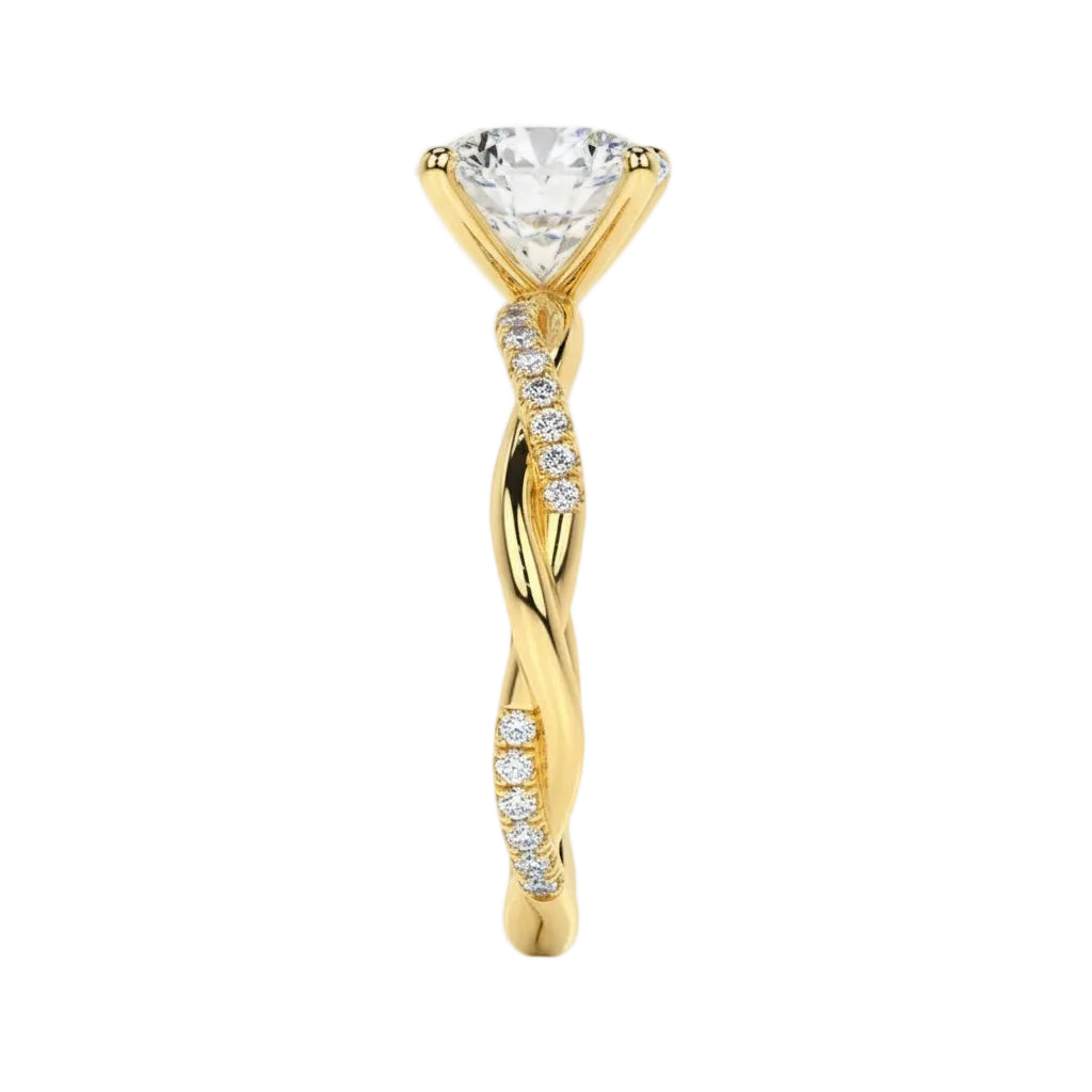 Modern oval solitaire with a romantic twisted vine band design and high-quality GRI certified stones.