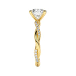 Modern oval solitaire with a romantic twisted vine band design and high-quality GRI certified stones.
