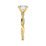 Modern oval solitaire with a romantic twisted vine band design and high-quality GRI certified stones.