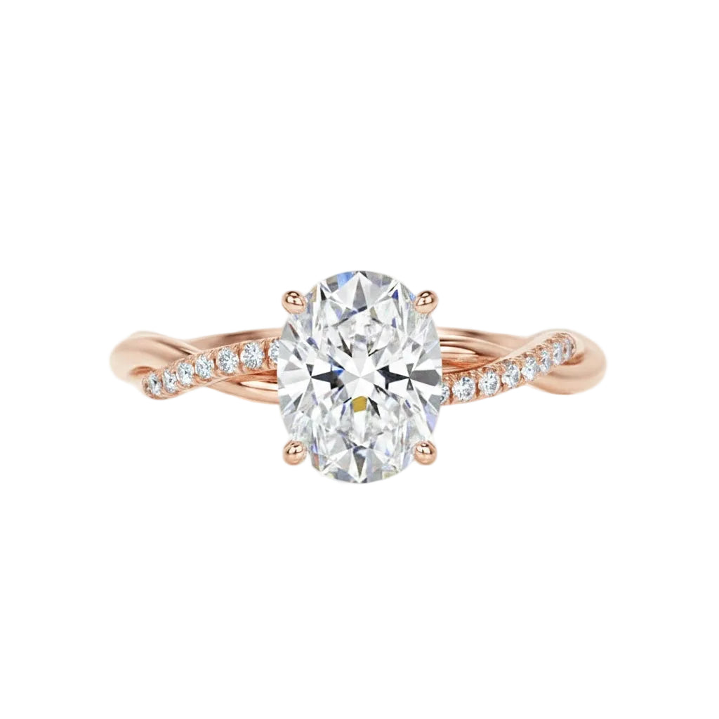 Luxury oval cut moissanite engagement ring with a twisted infinity pavé band in rose gold ApolloGem South Africa