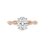 Luxury oval cut moissanite engagement ring with a twisted infinity pavé band in rose gold ApolloGem South Africa
