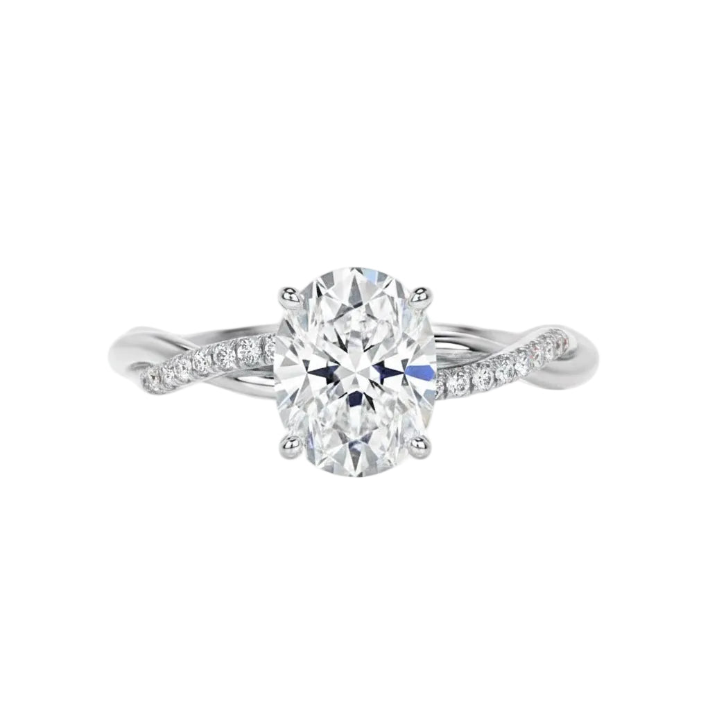 High-resolution jewelry render of the Oval Infinity Twist ring showcasing secure setting and stone alignment.