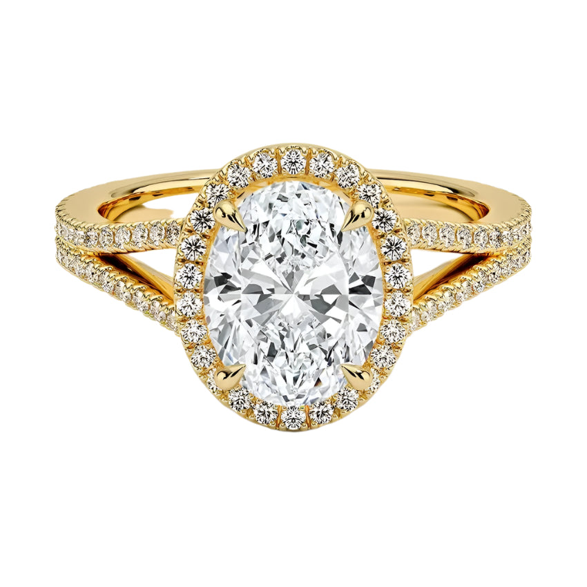 A halo oval-cut engagement ring with a unique V-band and pave, featuring a central oval-shaped moissanite stone surrounded by smaller stones set in a gold band.