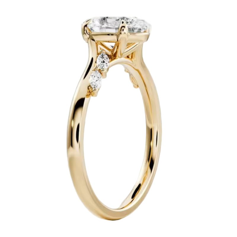 Top-down view of a D-color VVS1 1.05ctw graduated five-stone oval marquise band in yellow gold.