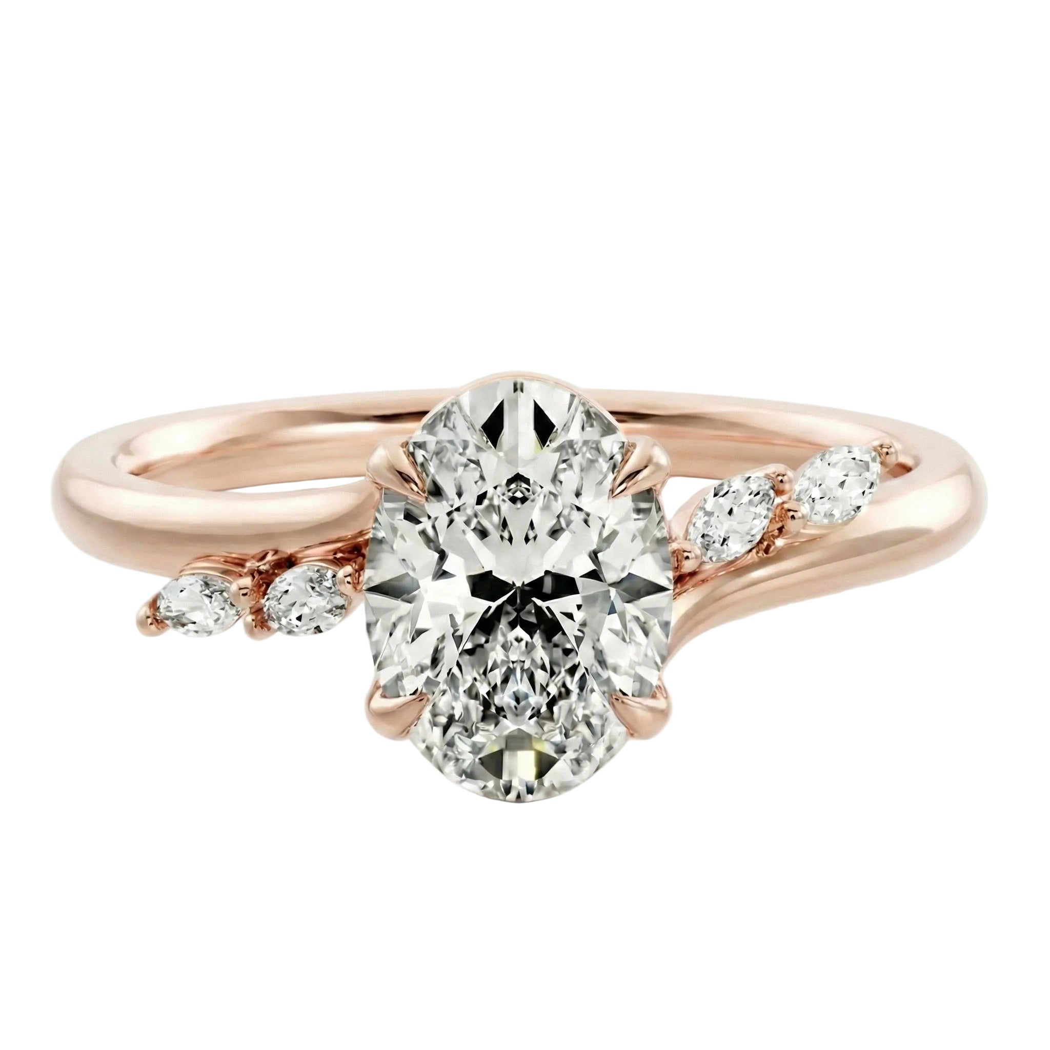 Integrated secure shared-prong oval five-stone marquise and round band in rose gold ApolloGem