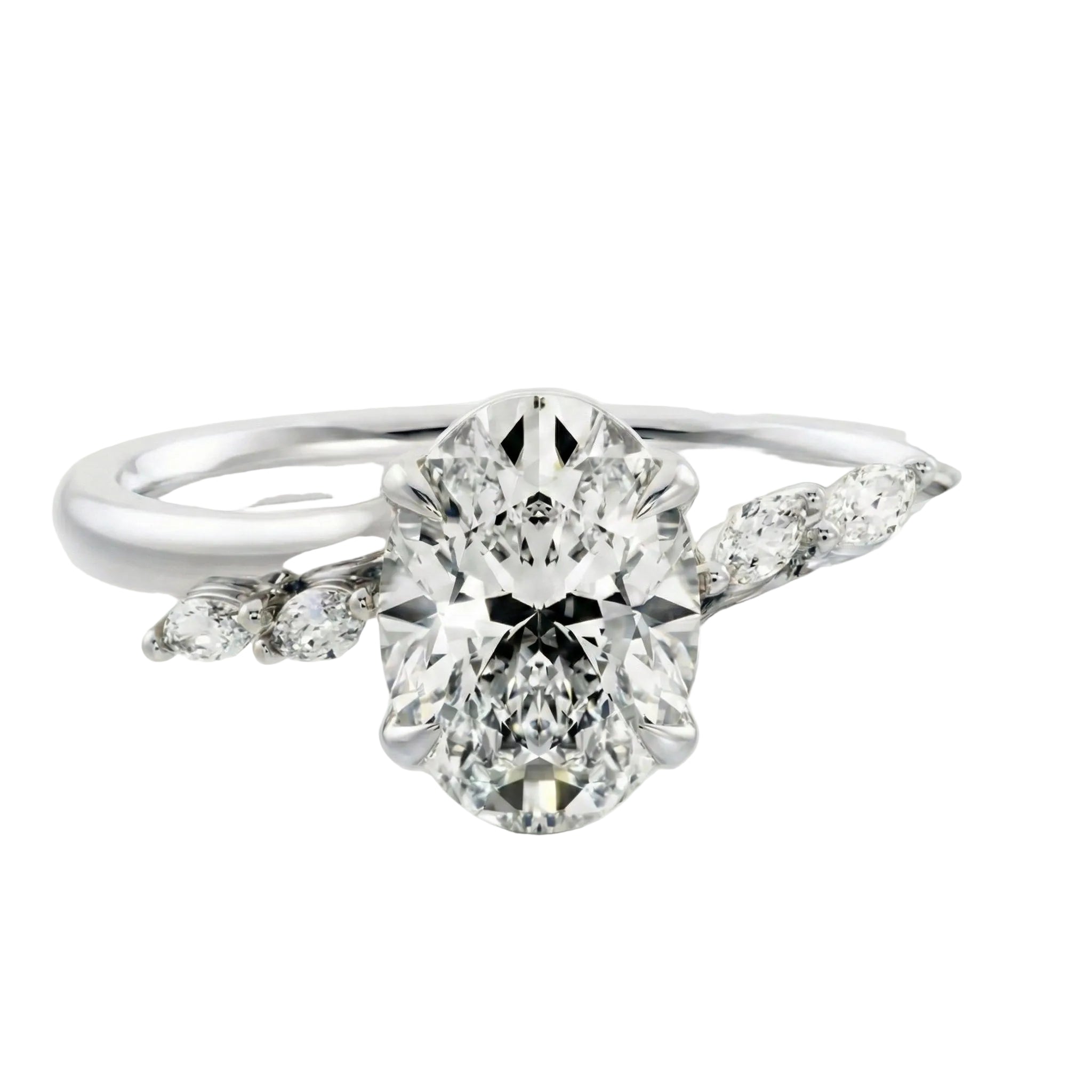 Integrated secure shared-prong oval five-stone marquise and round band in white gold ApolloGem