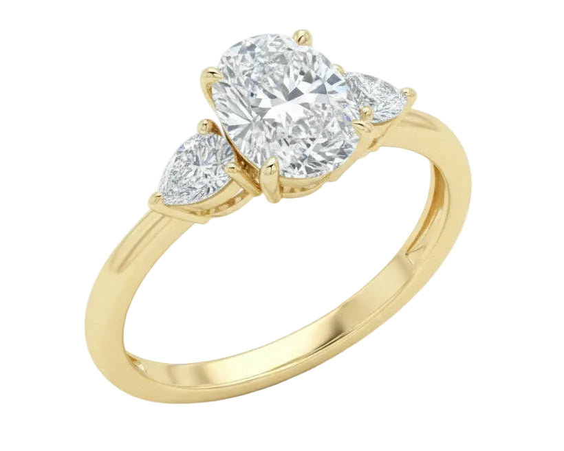 Classic oval and pear three-stone engagement ring ApolloGem showing the flattering elongating effect and polished gold band