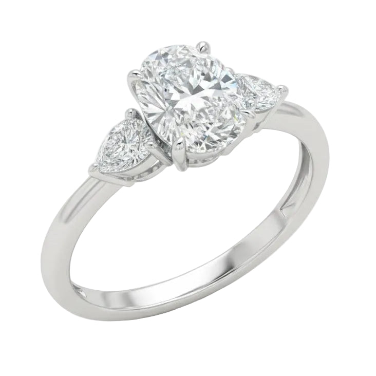 Close-up of a high-quality D-color VVS1 oval moissanite center stone with pear accents guaranteed by a GRI certificate.