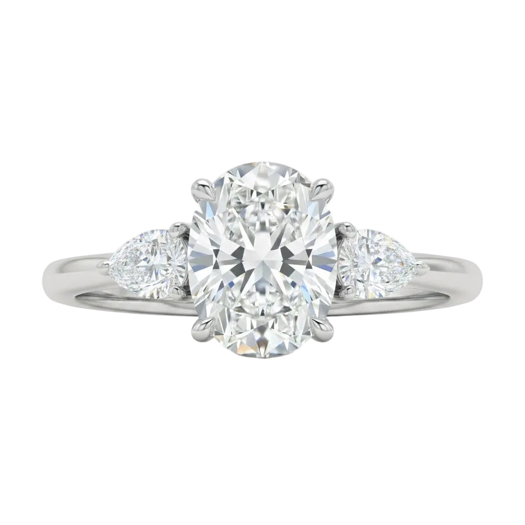Luxury oval cut moissanite engagement ring in white gold with two elegant pear cut side stone accents ApolloGem South Africa