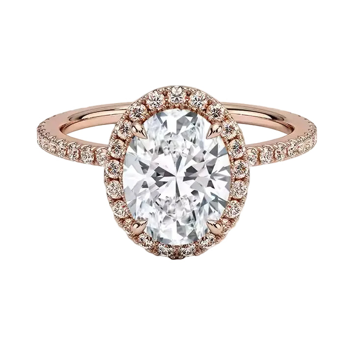 Rose gold ring with a large diamond and smaller diamonds around on a white background