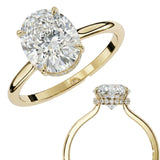 Hidden halo oval moissanite ring side profile detail pave bridge