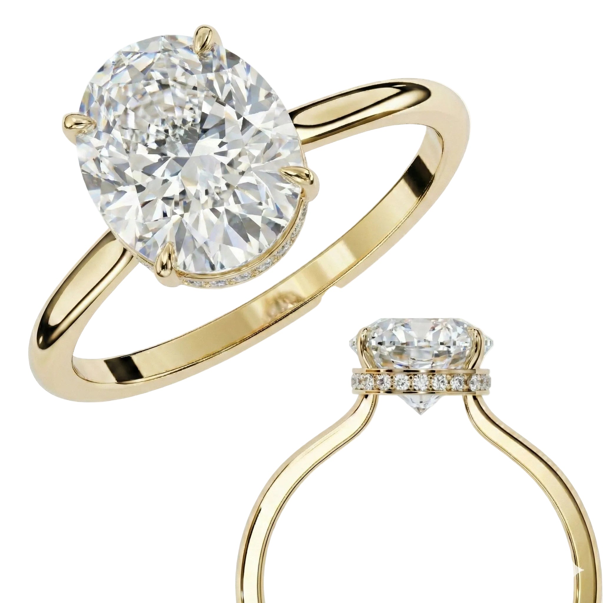 Hidden halo oval moissanite ring side profile detail pave bridge