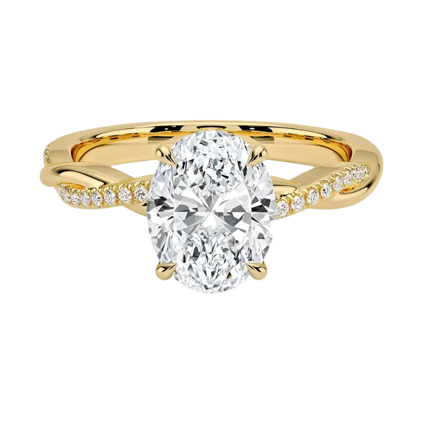 Four-claw cat-claw oval cut moissanite ring with a single pavé vine twist band in yellow gold ApolloGem.