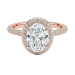Oval brilliant moissanite engagement ring with a micro-pavé halo and triple-row shank ApolloGem.