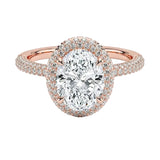 Oval brilliant moissanite engagement ring with a micro-pavé halo and triple-row shank ApolloGem.