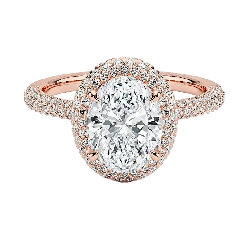 Oval brilliant moissanite engagement ring with a micro-pavé halo and triple-row shank ApolloGem.