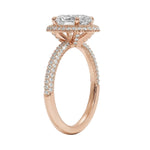 Detailed side view showing the intricate triple-row micro-pavé band and secure halo setting.