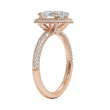 Detailed side view showing the intricate triple-row micro-pavé band and secure halo setting.