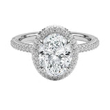 Oval brilliant moissanite engagement ring with a micro-pavé halo and triple-row shank ApolloGem.