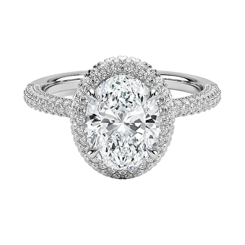 Oval brilliant moissanite engagement ring with a micro-pavé halo and triple-row shank ApolloGem.