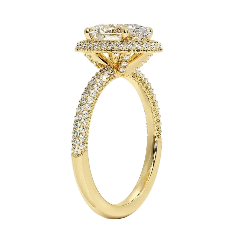 Detailed side view showing the intricate triple-row micro-pavé band and secure halo setting.