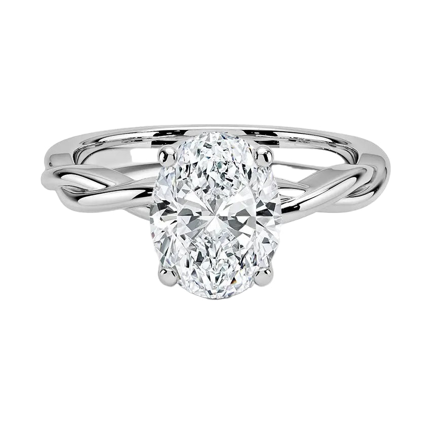 Oval-cut moissanite solitaire engagement ring with a dainty twisted vine band, handcrafted by ApolloGem South Africa.