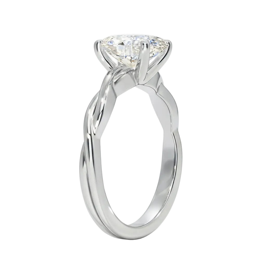 Four-prong oval solitaire with a unique twisted vine band design and GRI certified stones.
