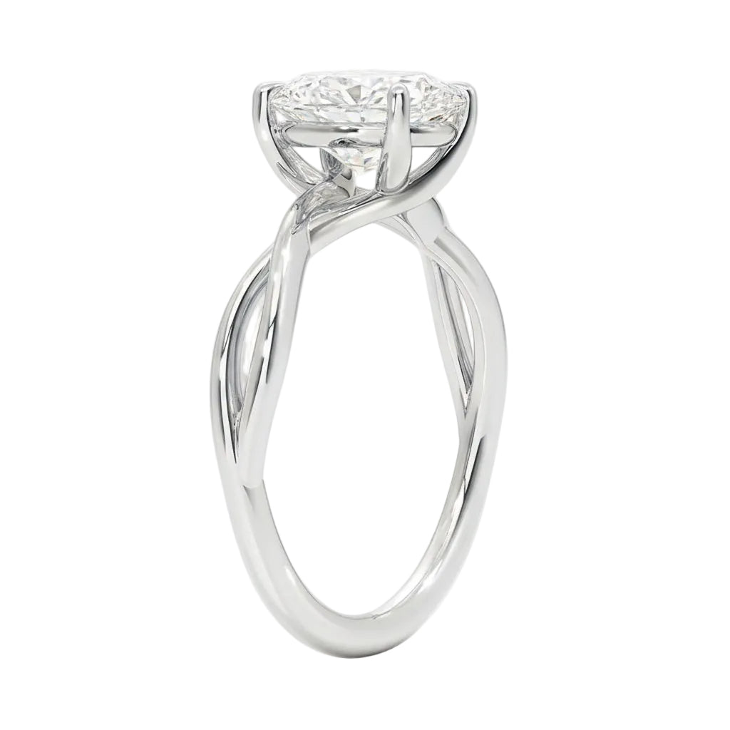 Symmetrical top-down view of an oval moissanite solitaire on a decorative twisted white gold band.
