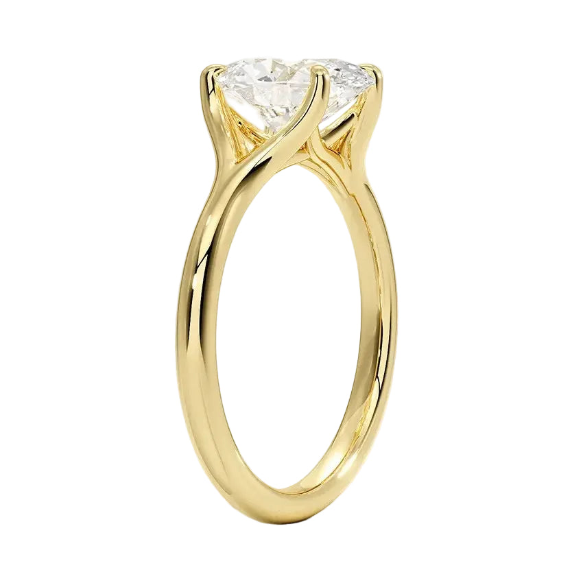 Engagement ring oval cut Moissanite lab grown diamond v-split shank with a four cat claw setting, on a gold band, against a white background.Moissanite engagement ring cape town south africa grand diamonds ralph jacobs jeulia 