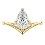 Pear brilliant moissanite engagement ring with an architectural V-shaped yellow gold band ApolloGem.