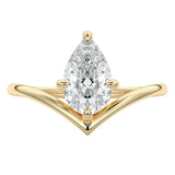 Pear brilliant moissanite engagement ring with an architectural V-shaped yellow gold band ApolloGem.