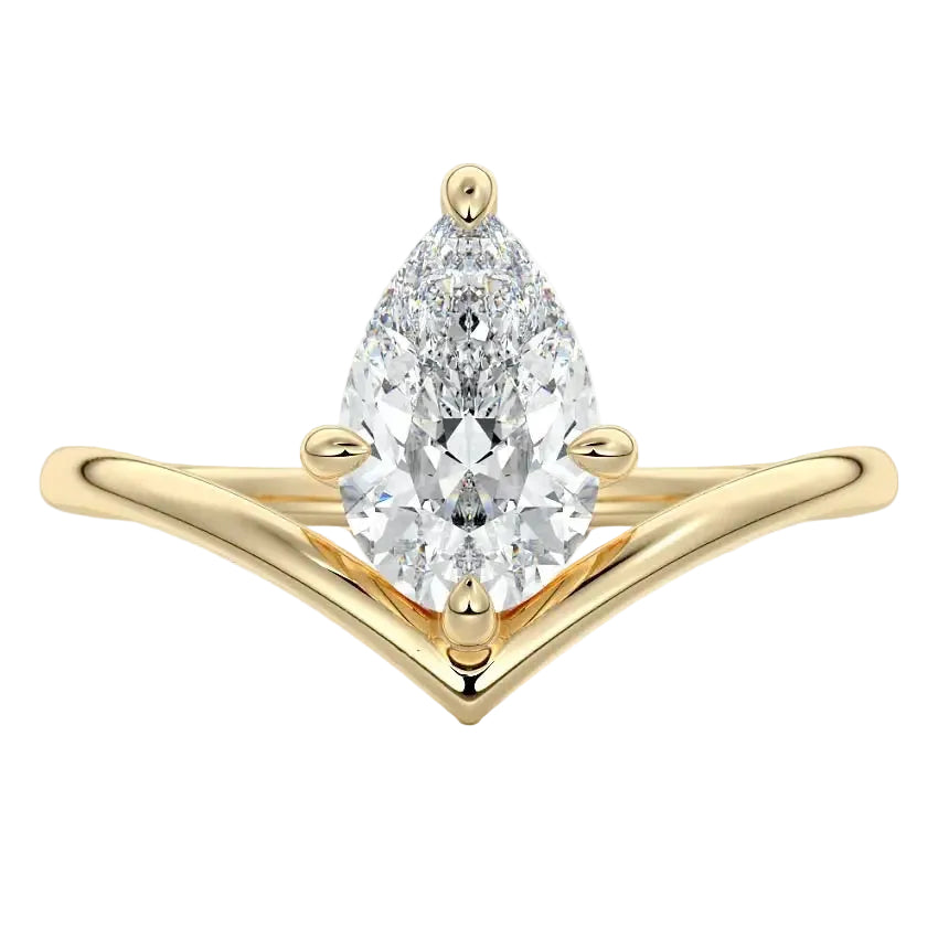 Pear brilliant moissanite engagement ring with an architectural V-shaped yellow gold band ApolloGem.
