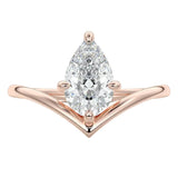 Pear brilliant moissanite engagement ring with an architectural V-shaped rose gold band ApolloGem.