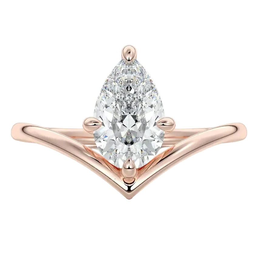 Pear brilliant moissanite engagement ring with an architectural V-shaped rose gold band ApolloGem.