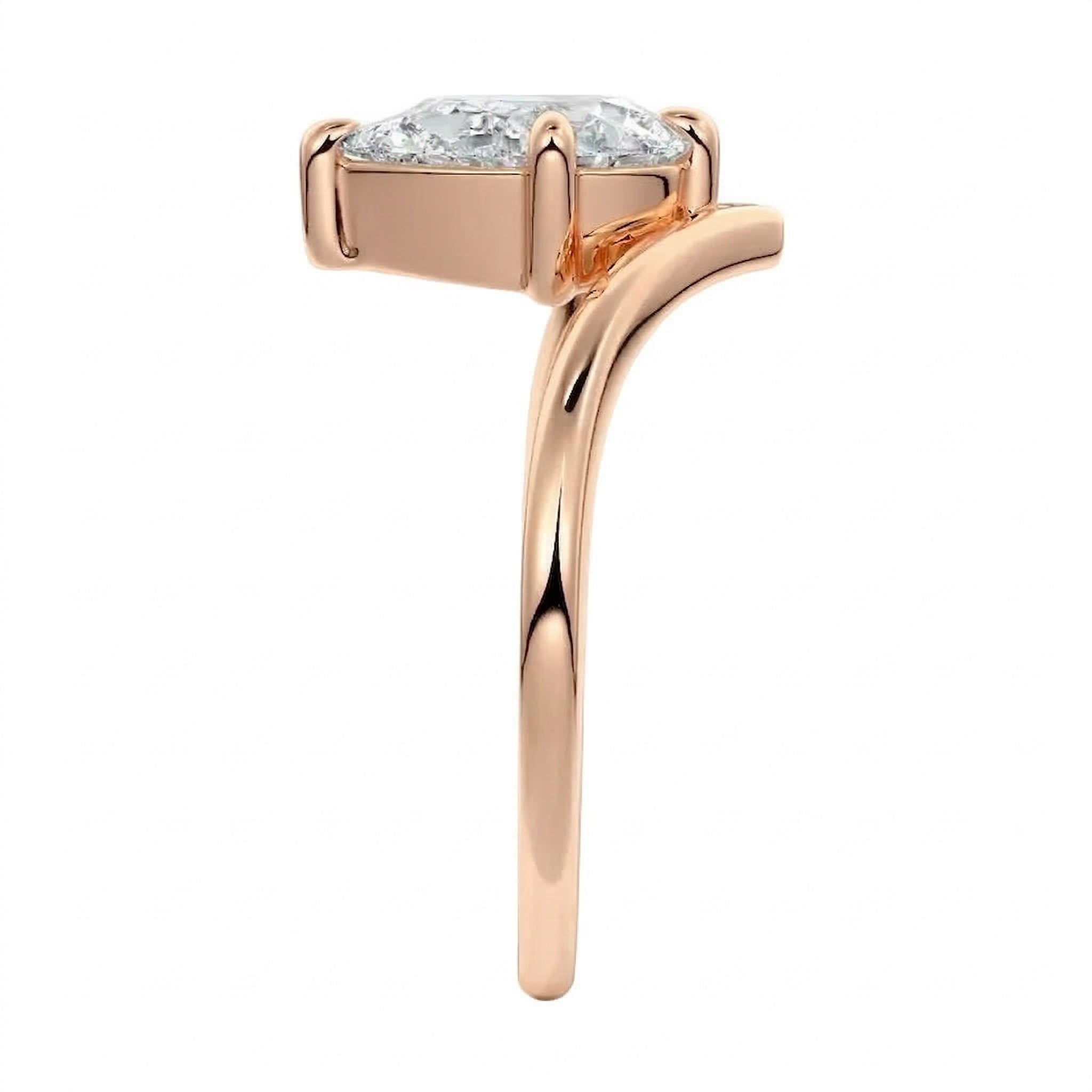 Detailed side view showing the suspended 4-prong setting and floating moissanite effect.