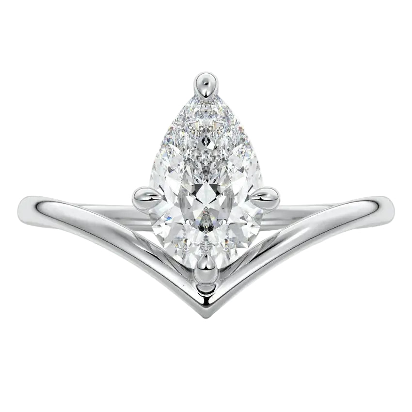Pear brilliant moissanite engagement ring with an architectural V-shaped white gold band ApolloGem.
