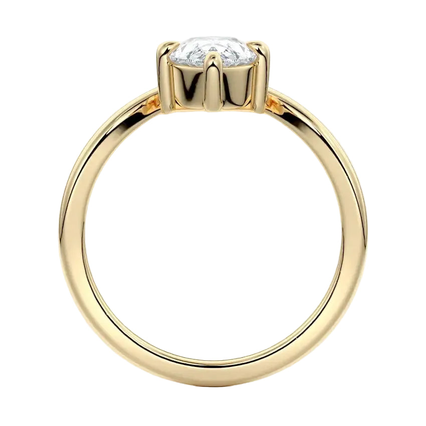 Symmetrical top-down view of a pear-cut moissanite solitaire on a polished V-shaped gold band.