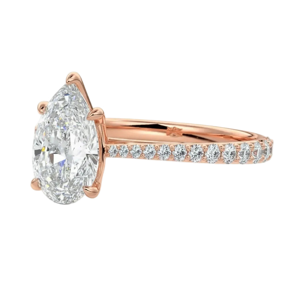 Side profile of the Pear Cathedral Taper ring showing the sharp pinch where the shank meets the basket setting.