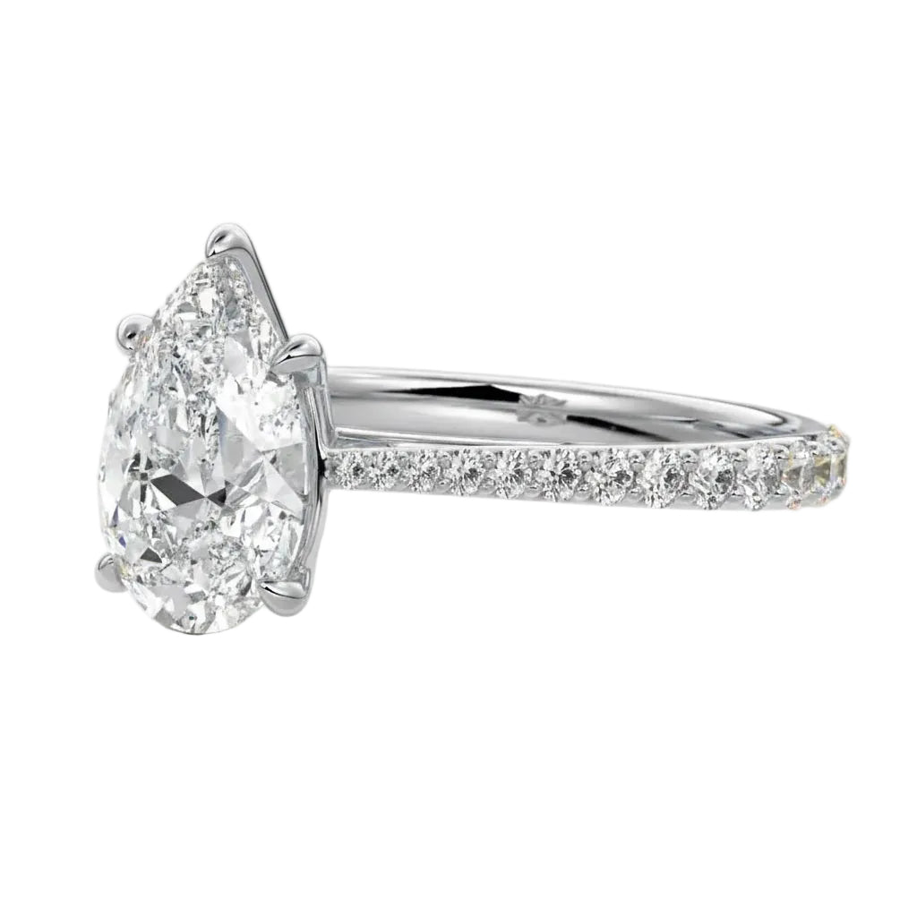 Side profile of the Pear Cathedral Taper ring showing the sharp pinch where the shank meets the basket setting.