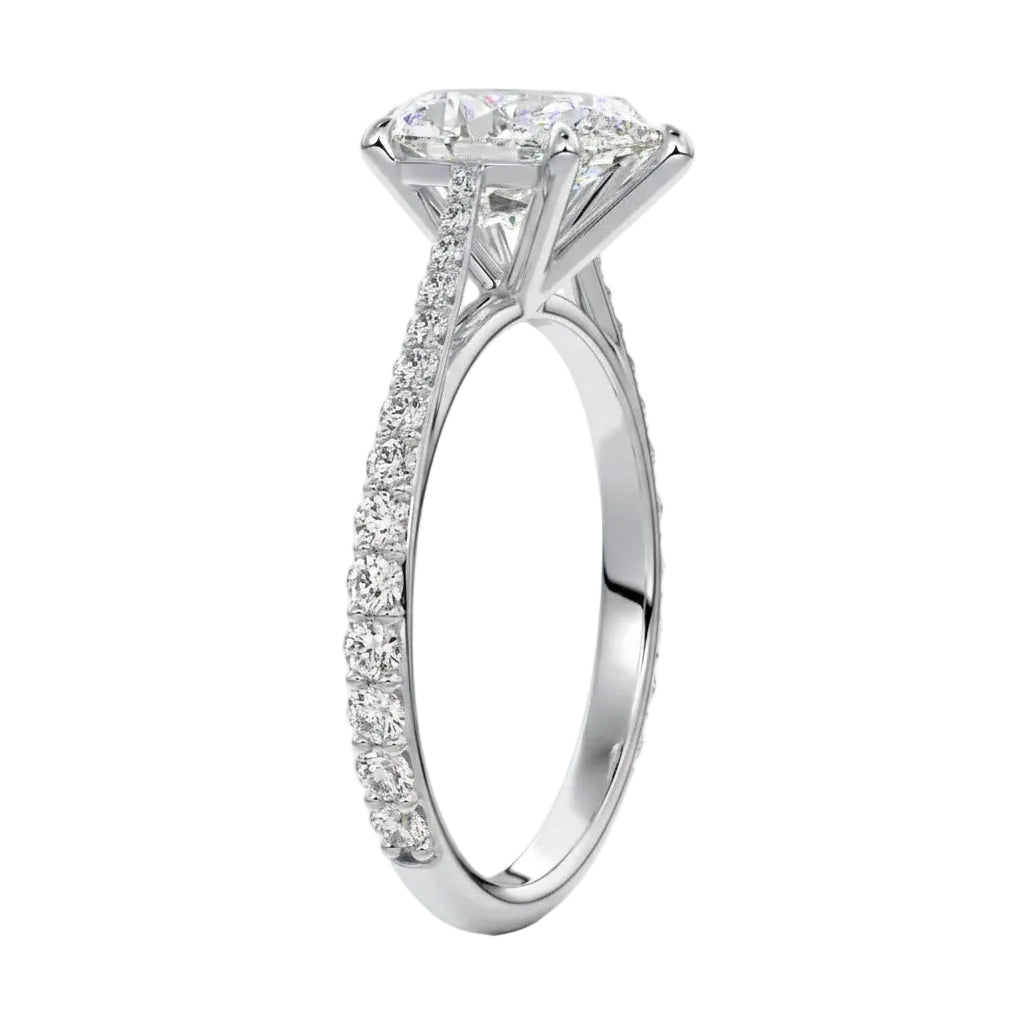 Top-down view of a D-color VVS1 pear stone in a White gold tapering pavé cathedral setting.