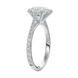 Top-down view of a D-color VVS1 pear stone in a White gold tapering pavé cathedral setting.