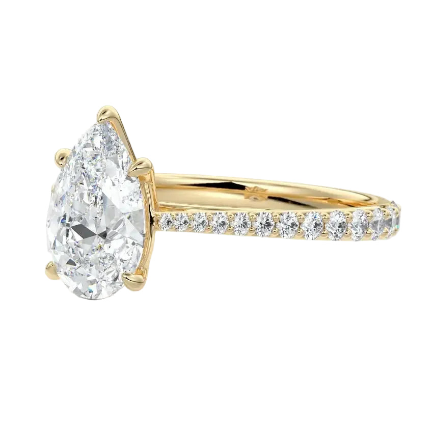 Side profile of the Pear Cathedral Taper ring showing the sharp pinch where the shank meets the basket setting.
