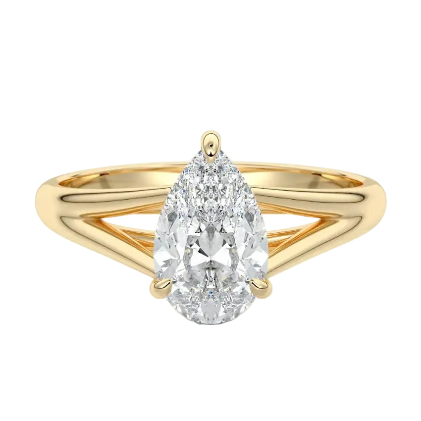 Pear brilliant moissanite engagement ring with an architectural V-split cathedral band ApolloGem.