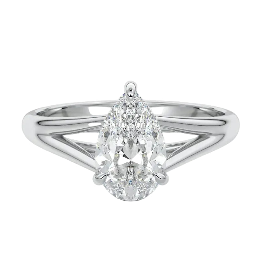 Pear brilliant moissanite engagement ring with an architectural V-split cathedral band ApolloGem.