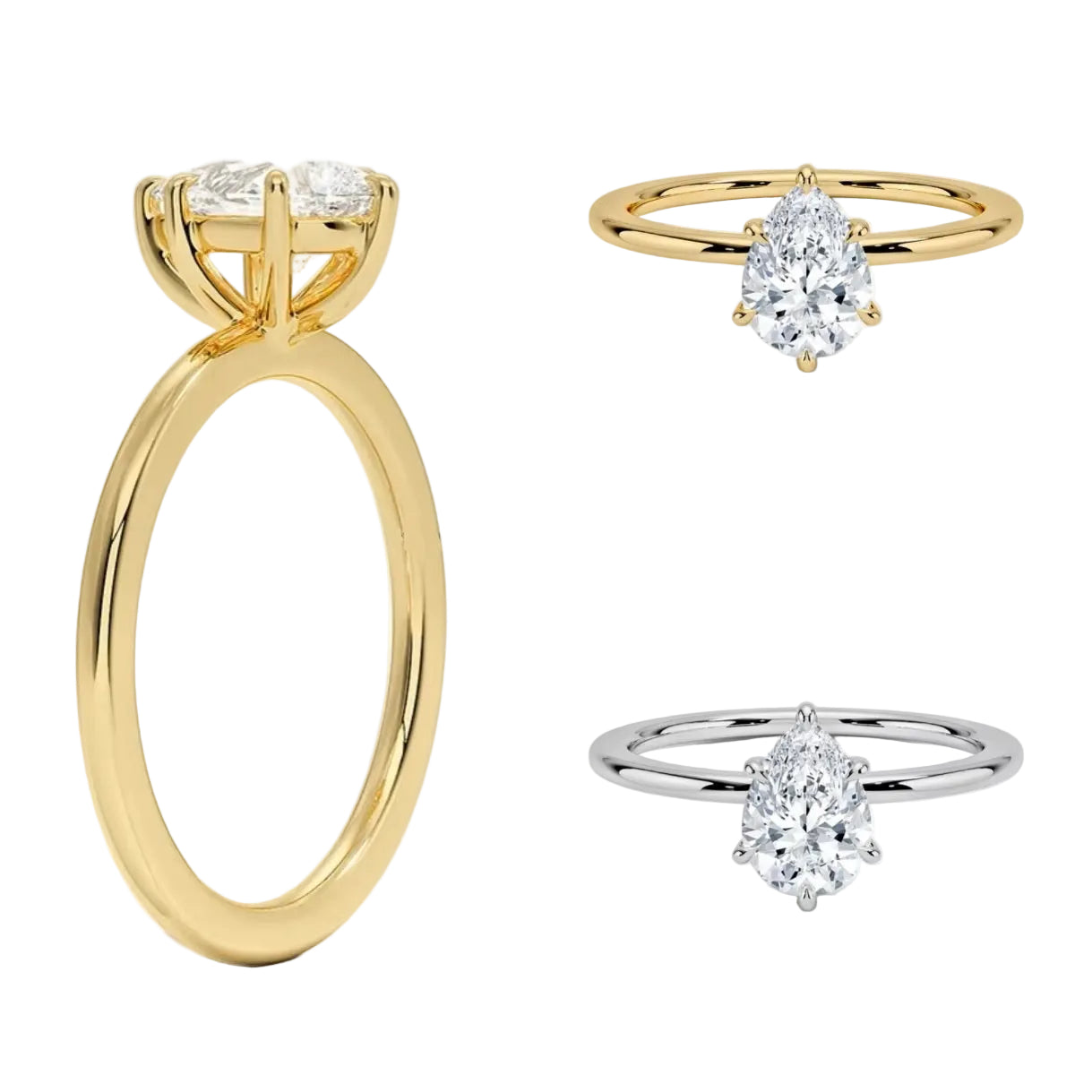 Detailed side view of a pear shaped moissanite ring showing the protective V-prong and slim gold band.