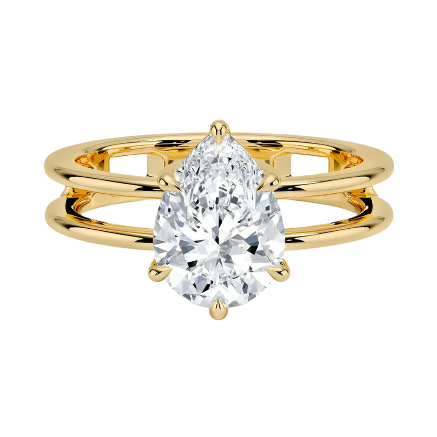 Luxury pear cut moissanite solitaire engagement ring with a modern double band in yellow gold ApolloGem South Africa.